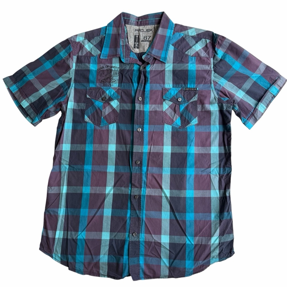 PROjekRAW Men’s Button Down Short Sleeve Plaid Print Shirt Size L